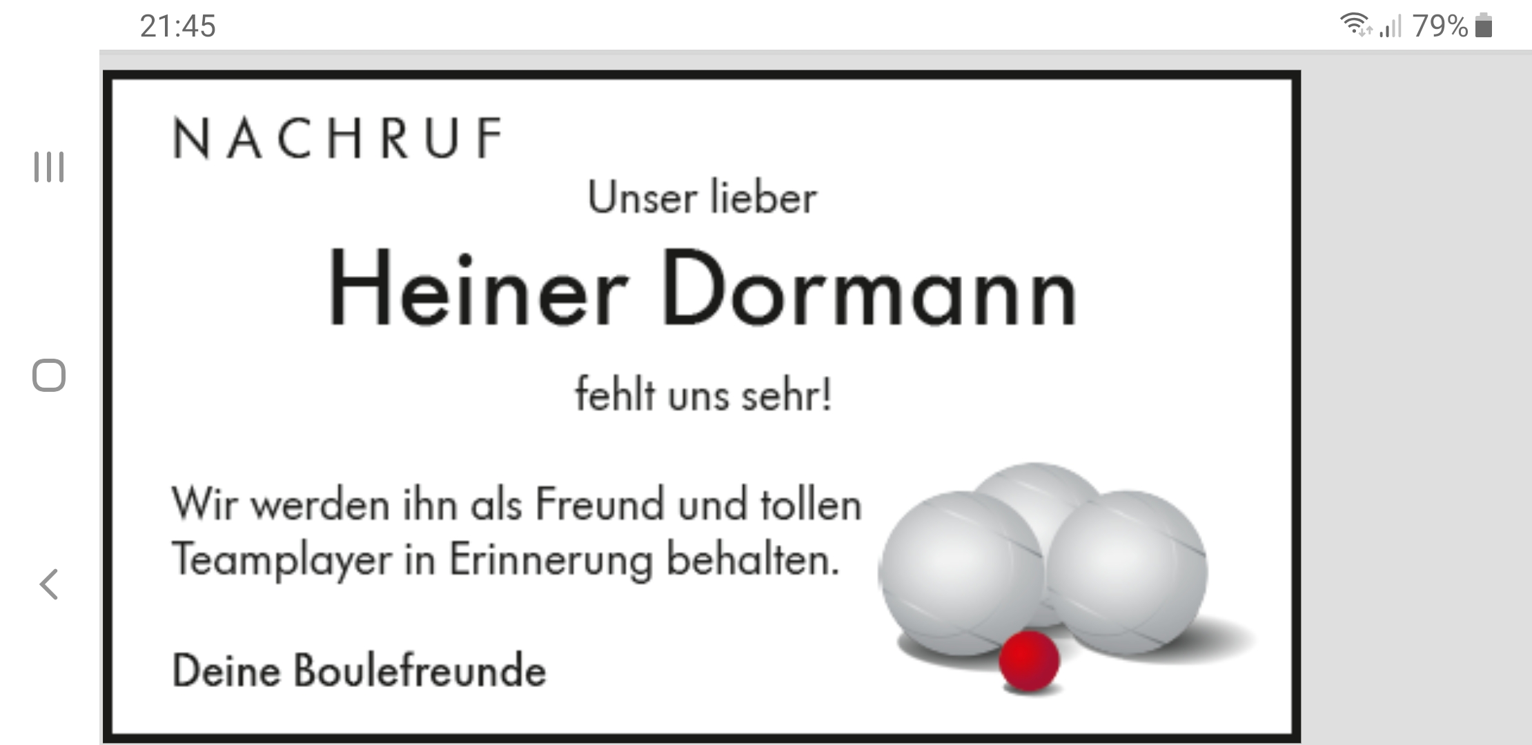 Mehr über den Artikel erfahren Wir trauern um unseren Boulekameraden Heiner Dormann
