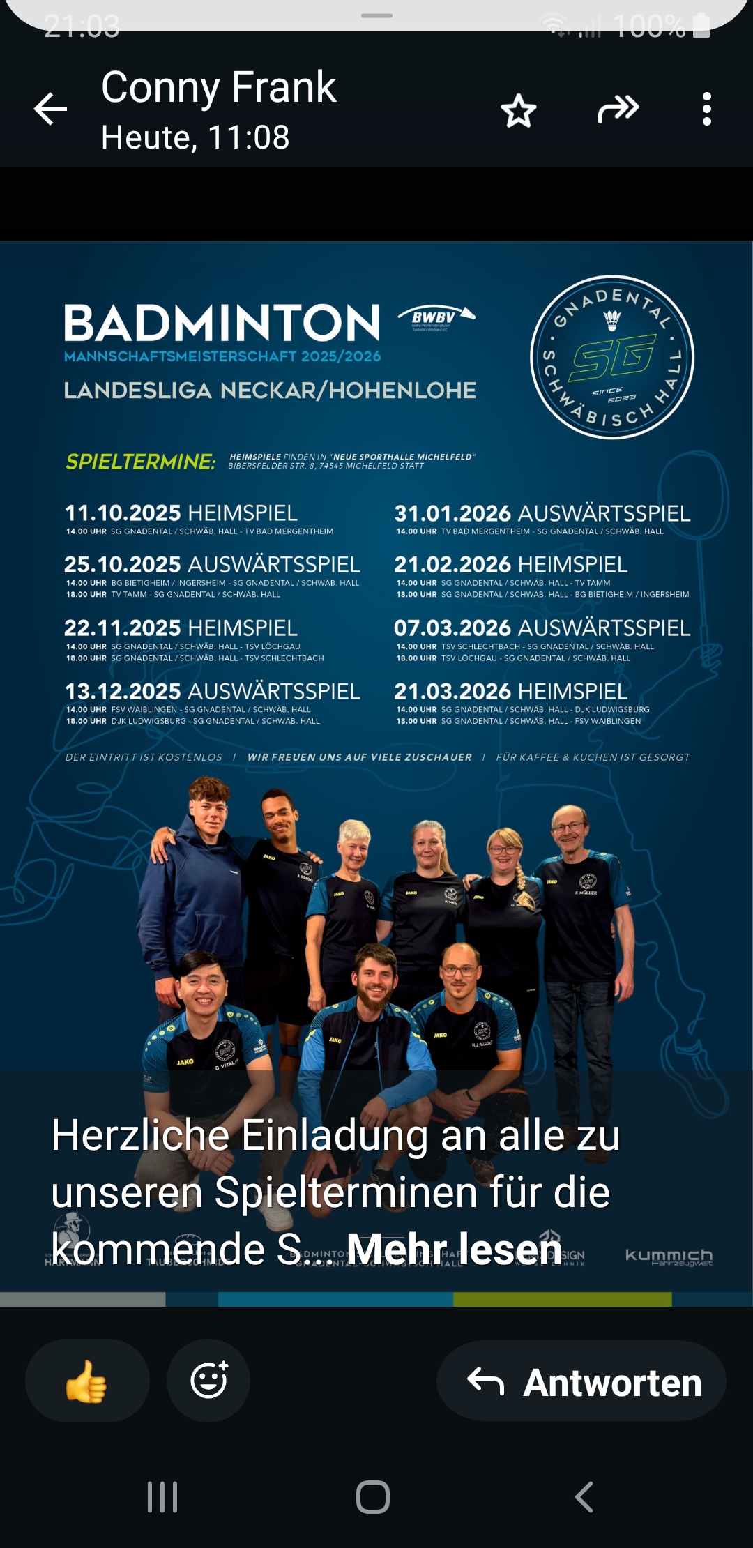 Mehr über den Artikel erfahren Einladung zum Badminton-Heimspiel am 11. Oktober
