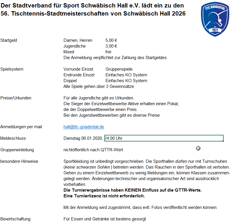 Du betrachtest gerade Einladung TT-Stadtmeisterschaften am Sonntag 11.1.2026
